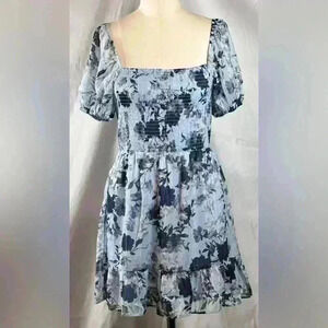 NWT - Francesca's Light Blue Flowered Dress with Elastic Bodice Dress (Size L)